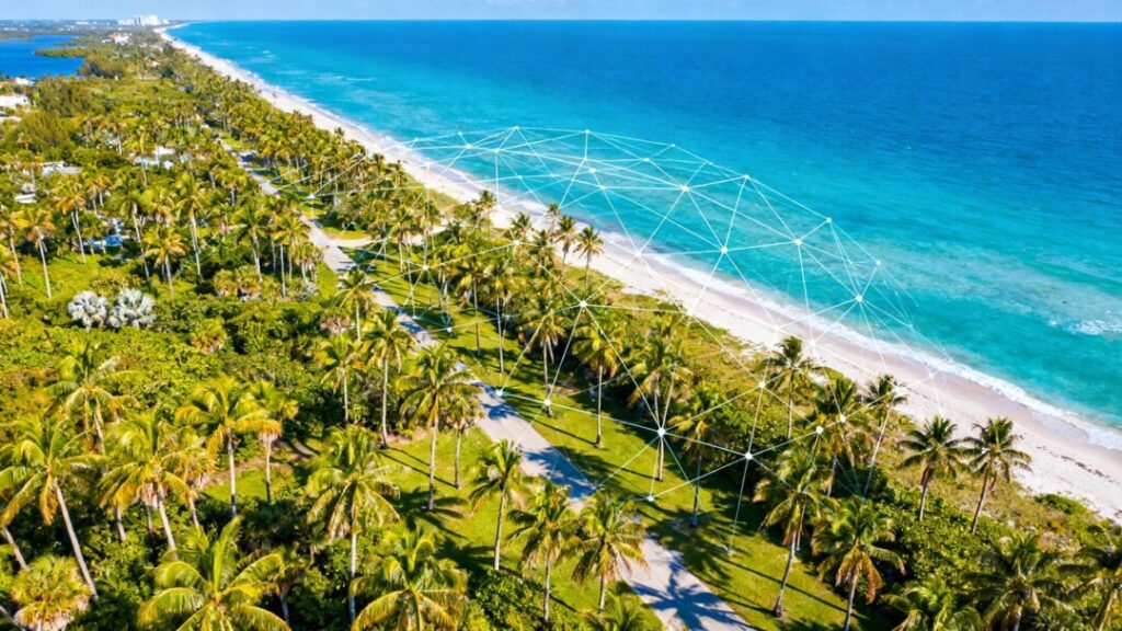 Florida coastline with network lines, symbolizing growth.