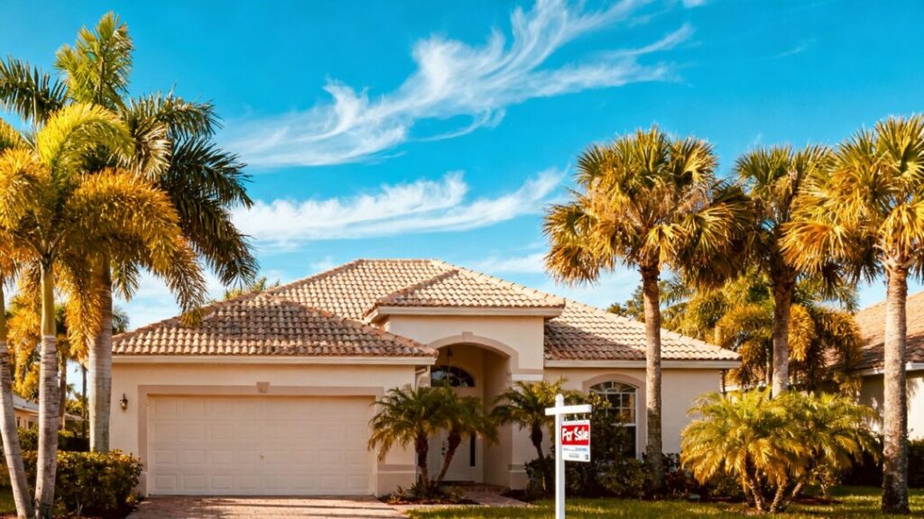 Florida house for sale with palm trees and blue sky.