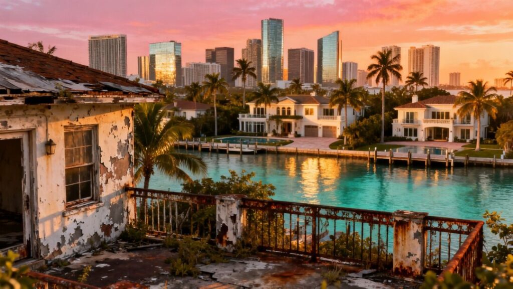 Miami skyline with luxury homes and a hint of foreclosure.
