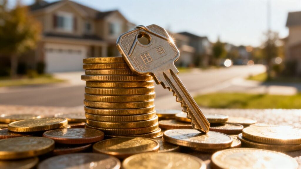 House key on coins, residential street background.
