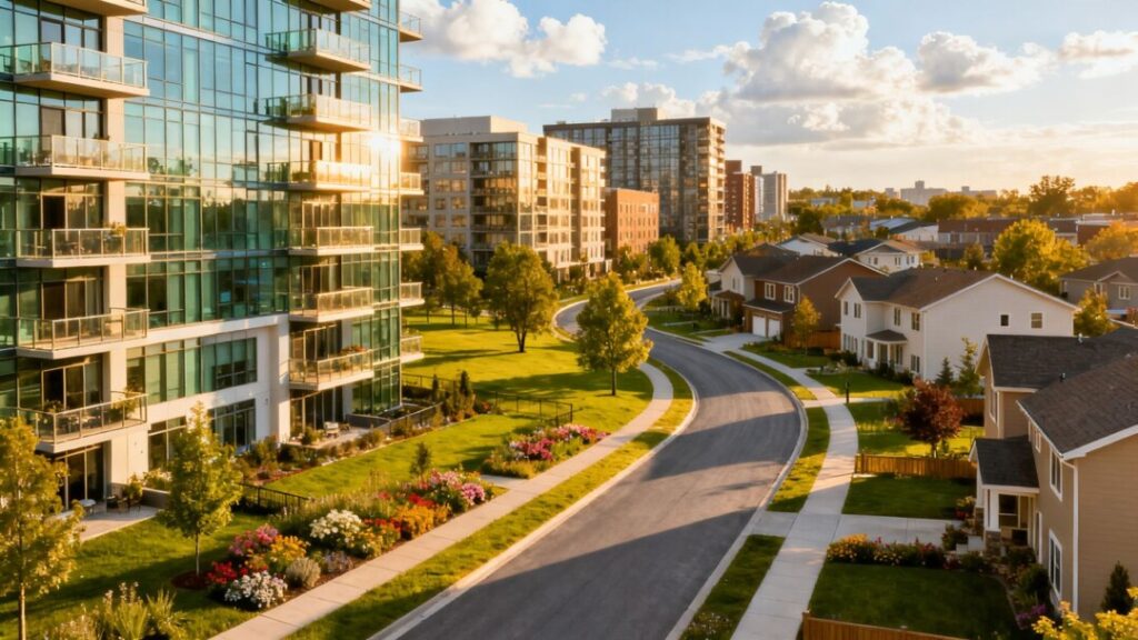 Cityscape with diverse housing and green spaces.