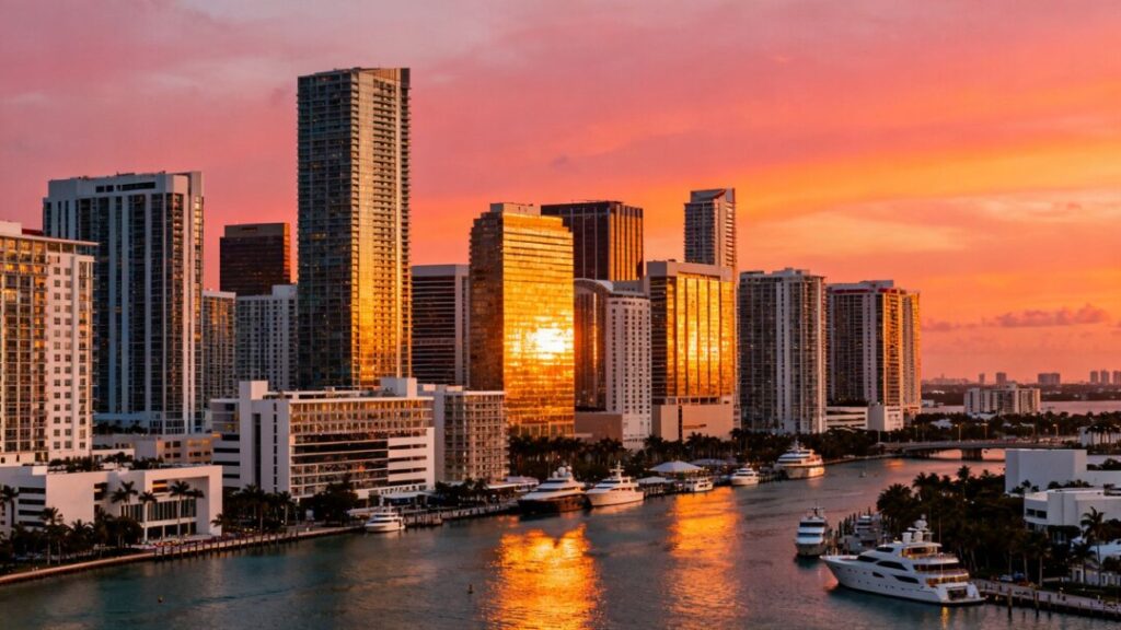 Miami skyline and waterfront with commercial buildings.