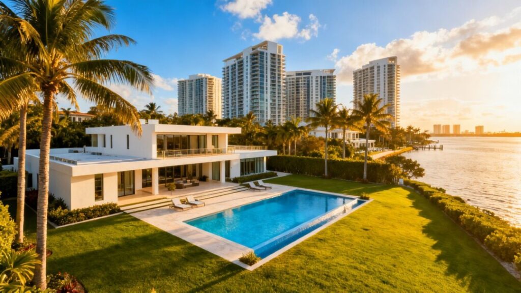 Luxury waterfront estates and modern high-rise developments in Palm Beach.