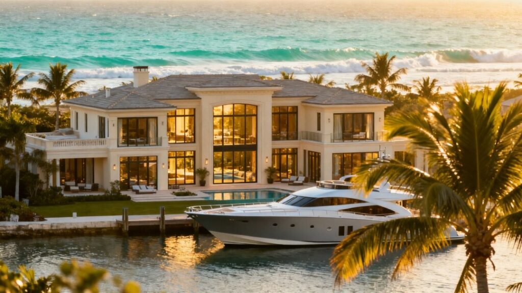 Luxury Florida coastal estate with ocean view and yacht.