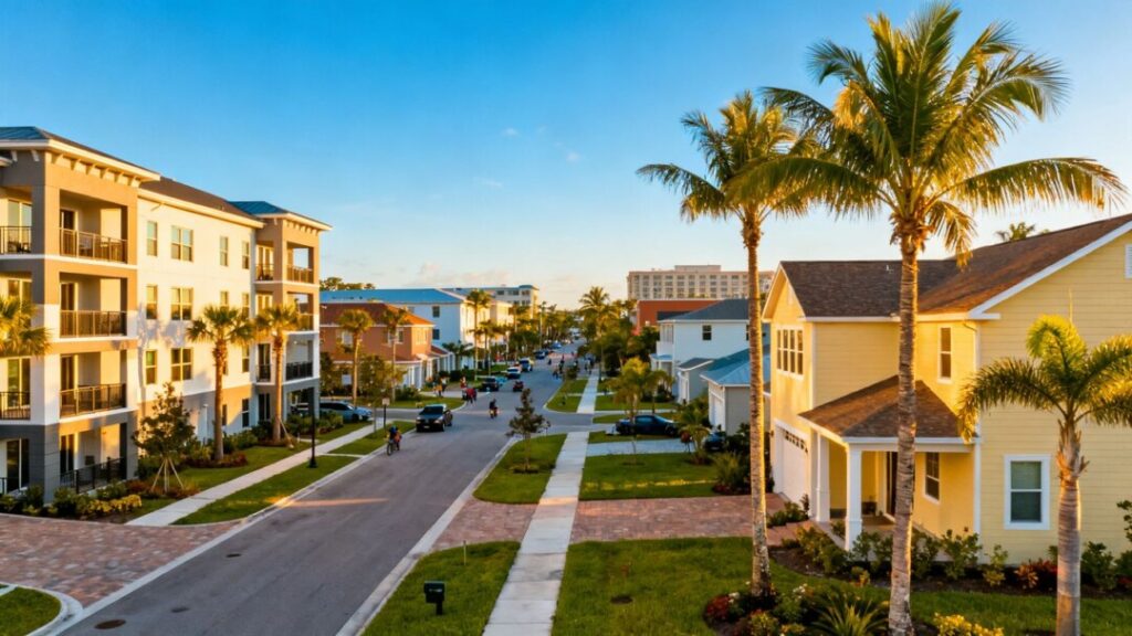 Florida cityscape with diverse housing options and palm trees.