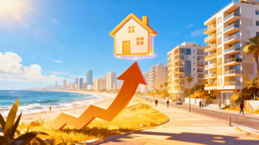 Coastal city skyline with rising housing prices.