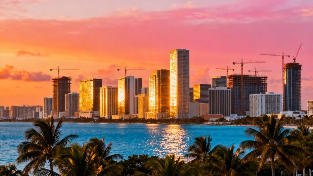 Miami skyline with skyscrapers, cranes, palm trees, and ocean.