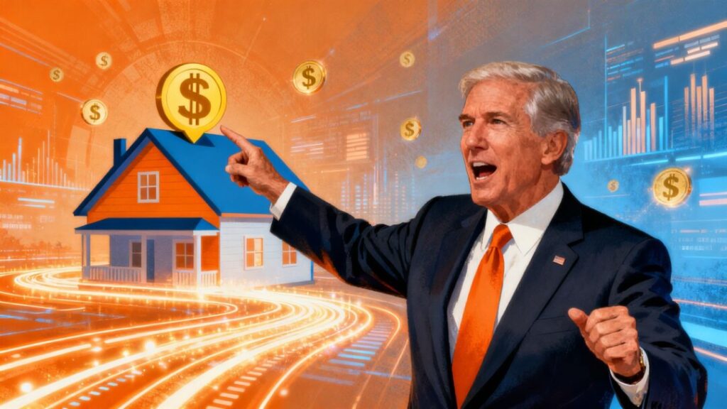 Congressman points at house with dollar sign, digital finance background.