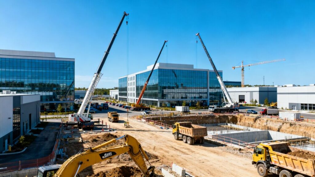 Deerfield Beach industrial and office buildings with construction activity.