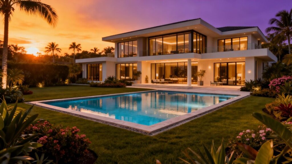 Luxury Florida mansion with pool at sunset.