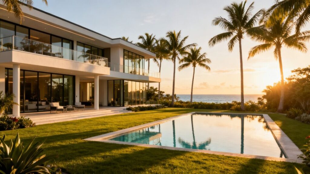 Luxury Florida mansion with pool and palm trees.