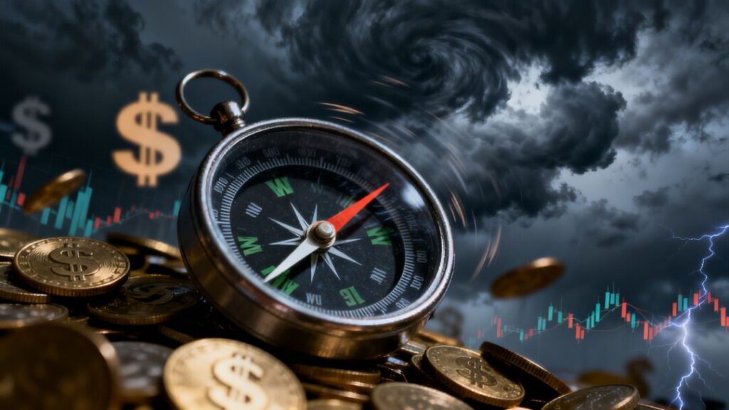 Compass with erratic needle amidst financial symbols and stormy sky.