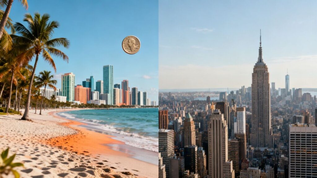 Miami skyline vs. New York City skyline, cost of living comparison.