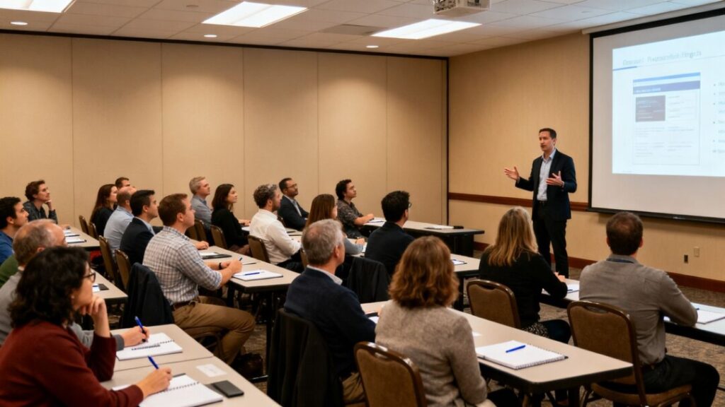 Real estate seminar attendees listening to a speaker.
