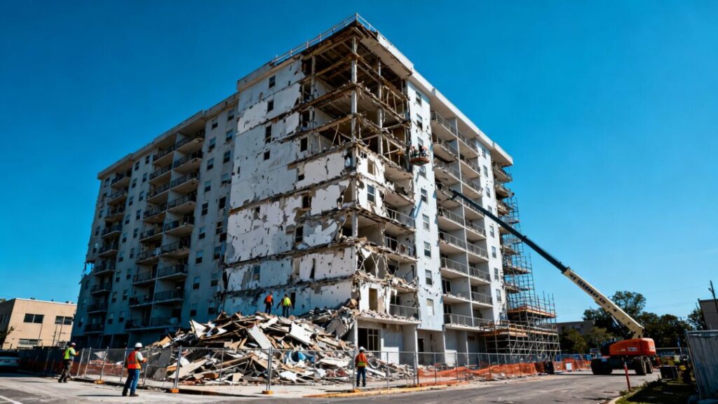 Damaged Florida condominium building with repair work ongoing.