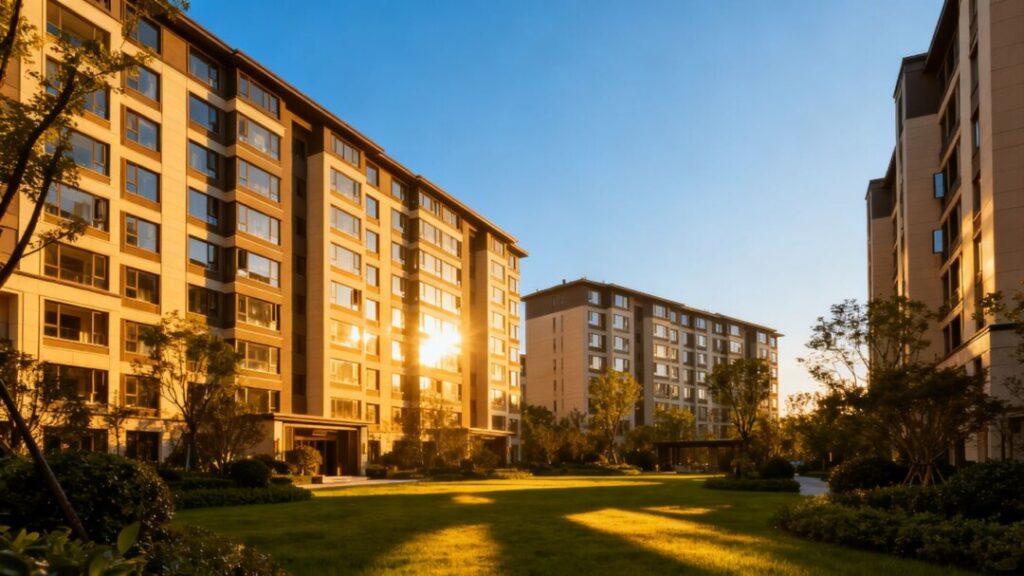 Lakewood apartment complex exterior with landscaping.