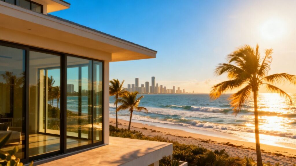 Florida coast with modern house and city skyline.