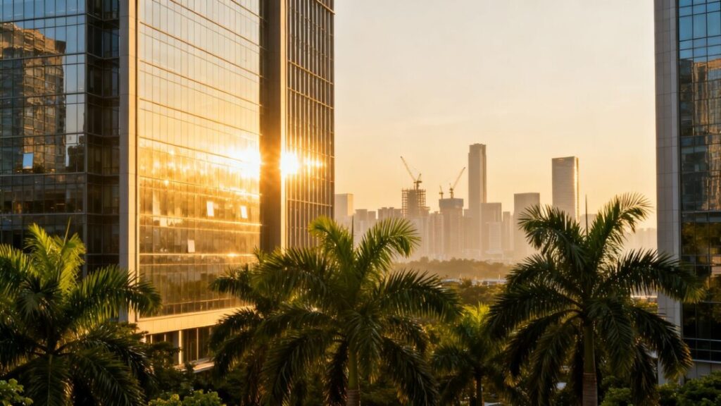 Palm Beach County commercial real estate with buildings and palm trees.