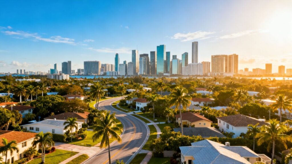Miami skyline to suburban homes with connecting road.
