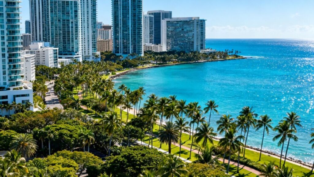 South Florida cityscape with ocean and palm trees.