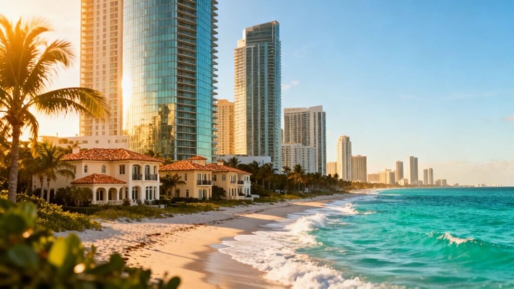 Florida coast: skyscrapers meet luxury villas and ocean.
