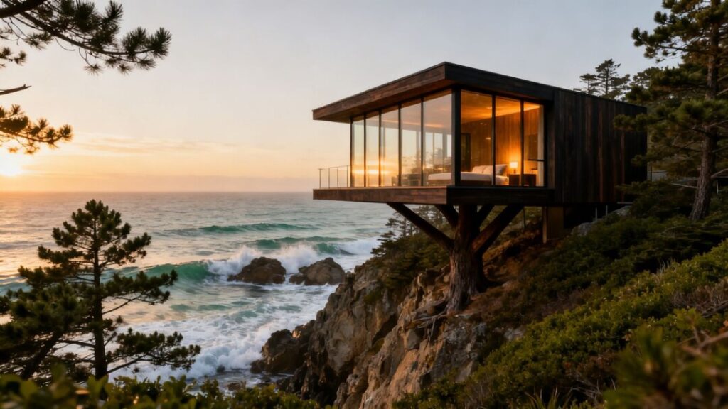 Modern luxury coastal treehouse built on cliffside at sunset.
