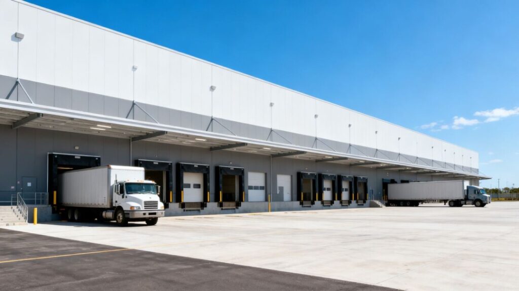 Large industrial warehouse with trucks at loading docks.