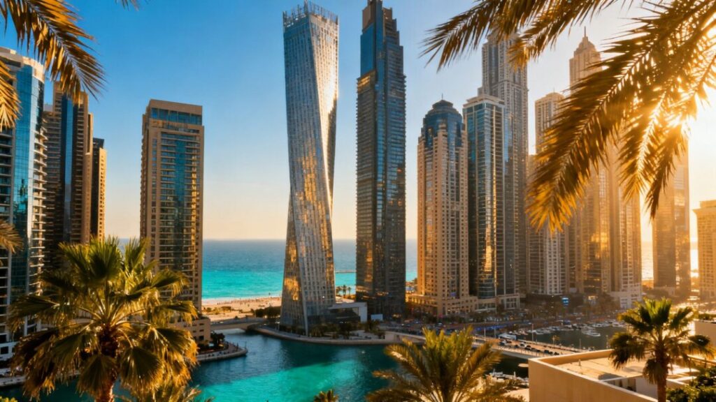 Miami skyline with luxury buildings and ocean.