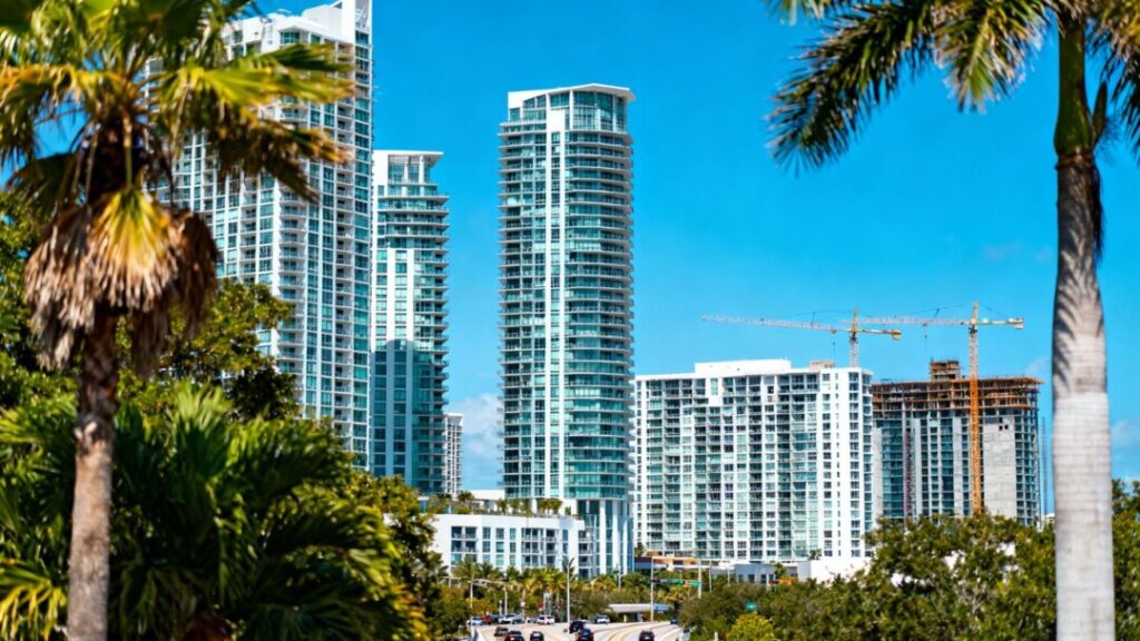 South Florida skyline with new construction and palm trees.