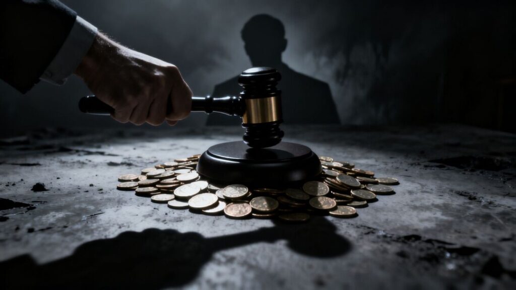 Gavel striking coins, shadowy figure, ominous background.