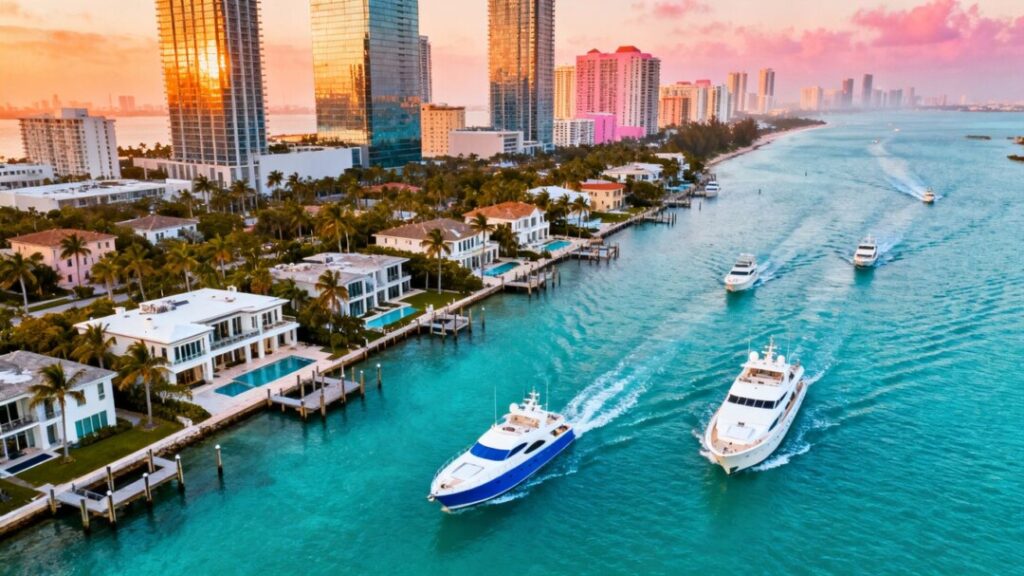 Miami skyline with luxury waterfront homes and ocean.