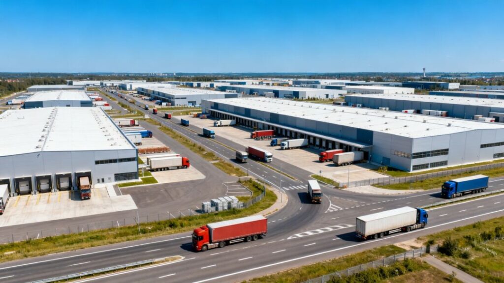 Industrial park with warehouses and trucks