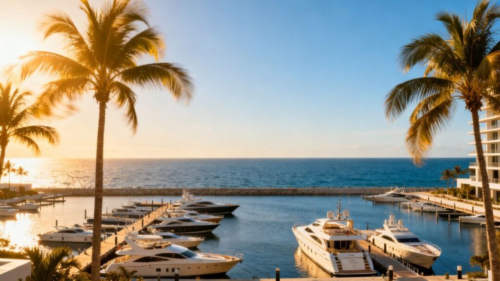 Florida coastline marina with yachts and palm trees.
