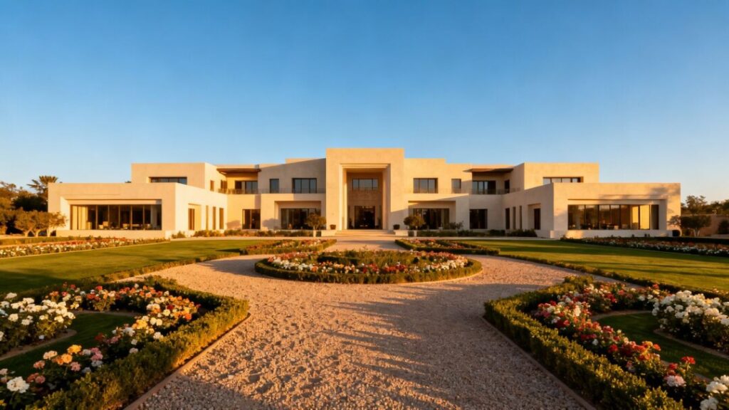 Luxurious dry-lot estate with expansive grounds and modern architecture.