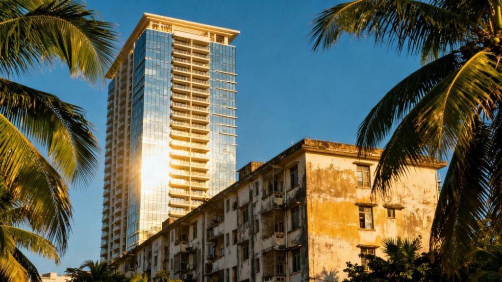 Luxury condo tower next to an older, affordable apartment building.