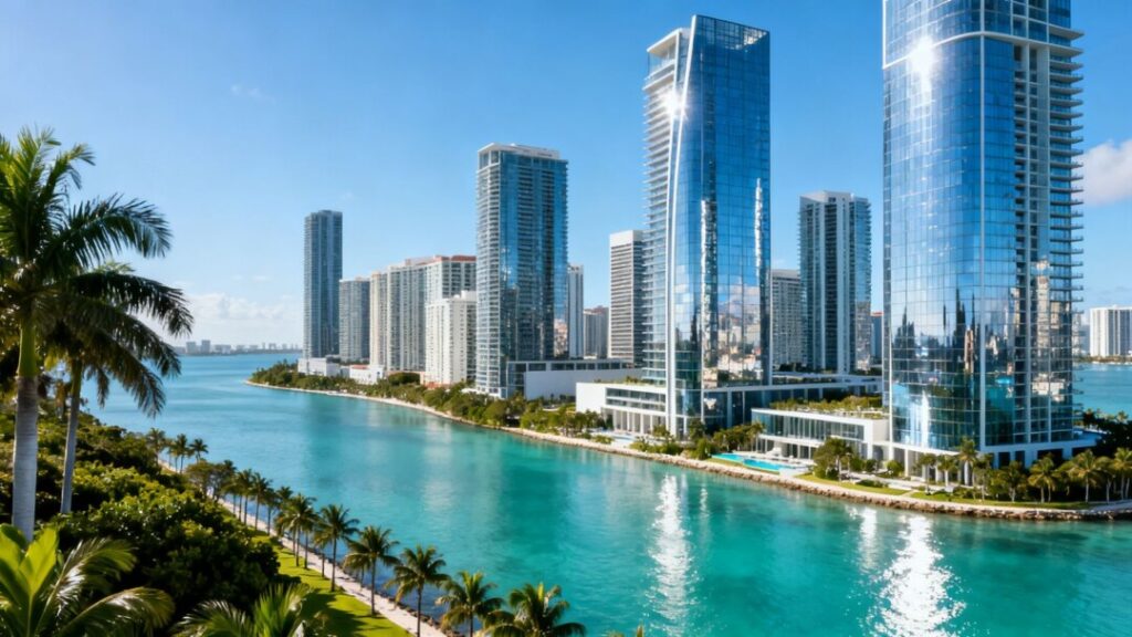 Luxury towers on Brickell Key, Miami, overlooking Biscayne Bay.