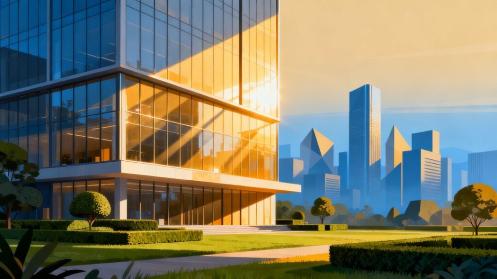 Modern institutional housing building with cityscape background.