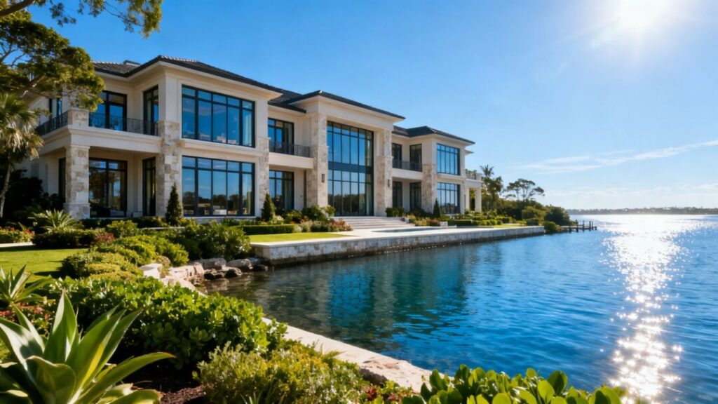 Luxury Florida mansion with waterfront view and lush landscaping.