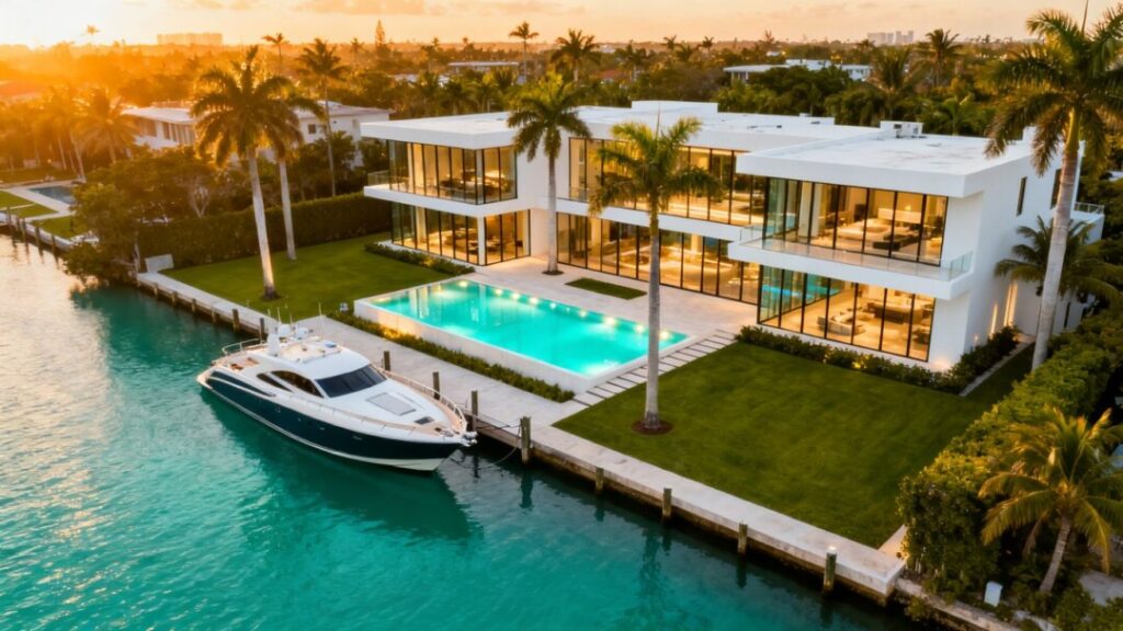 Modern South Florida luxury waterfront mansion at sunset with pool.