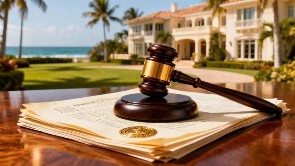 Gavel striking deeds, luxury mansions in background.