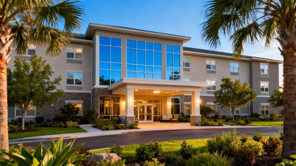 Wellington senior living facility exterior with palm trees.