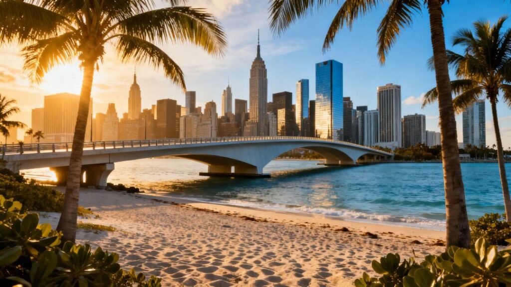 New York and Miami skylines merging with a connecting bridge.
