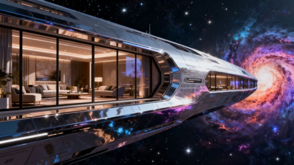 Futuristic spaceship condo orbiting Earth with starry background.