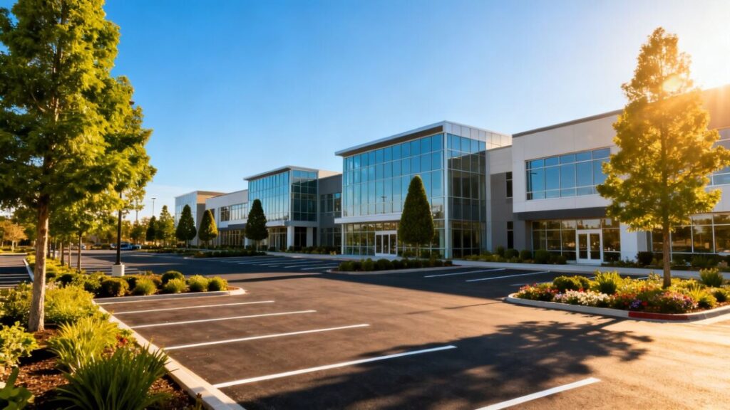 Modern commercial plaza with green landscaping under blue skies.