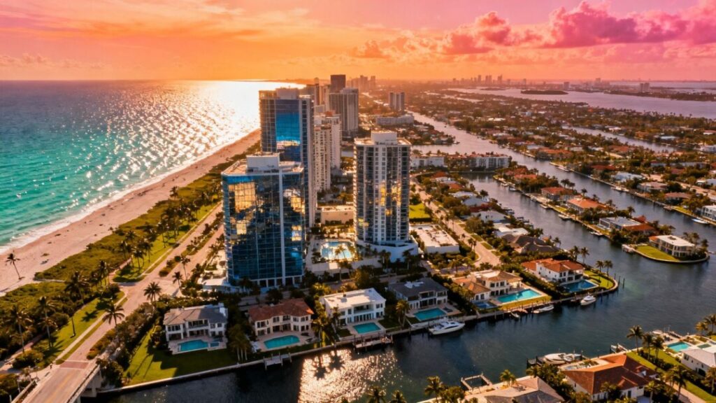 South Florida coastline with skyscrapers and luxury homes.