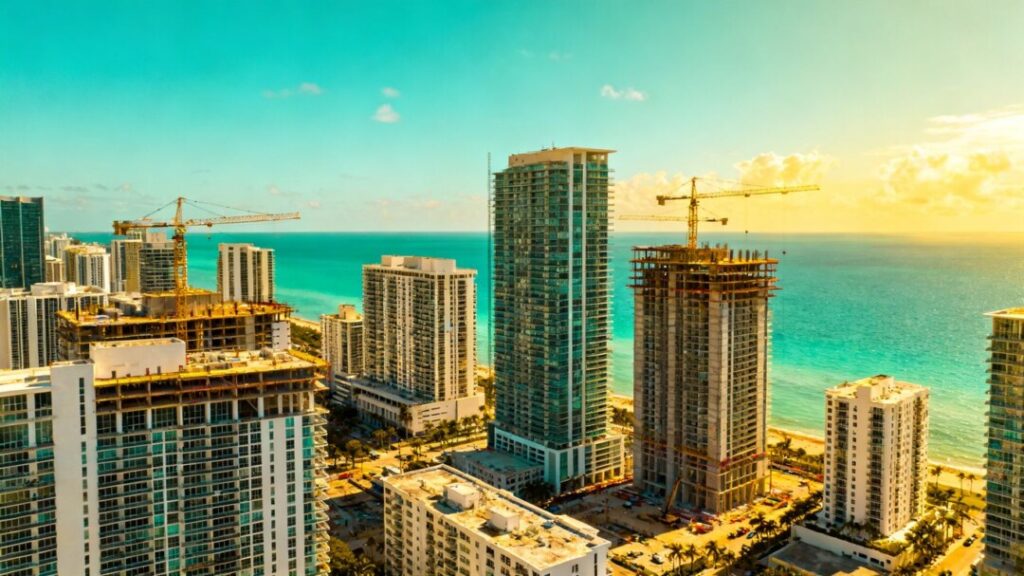 Miami skyline with new condo buildings and cranes.