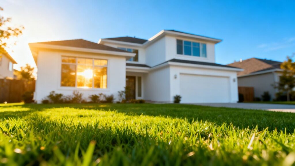 Modern house with green lawn under blue sky.