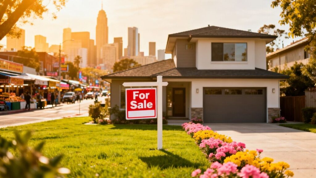 House for sale with city skyline in background.