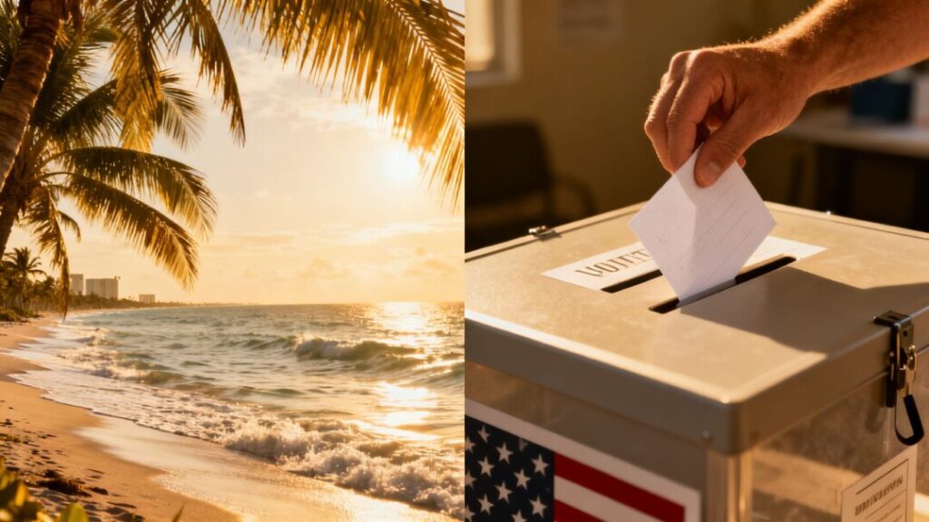 Florida coastline and hand voting on a property tax reduction ballot.