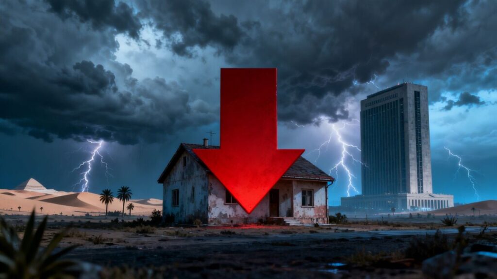Mortgage rates falling with stormy skies and house.